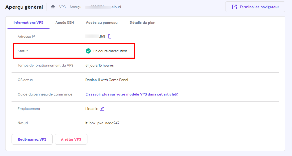 Vérifier que l'état du VPS est en cours d'exécution dans le tableau de bord VPS