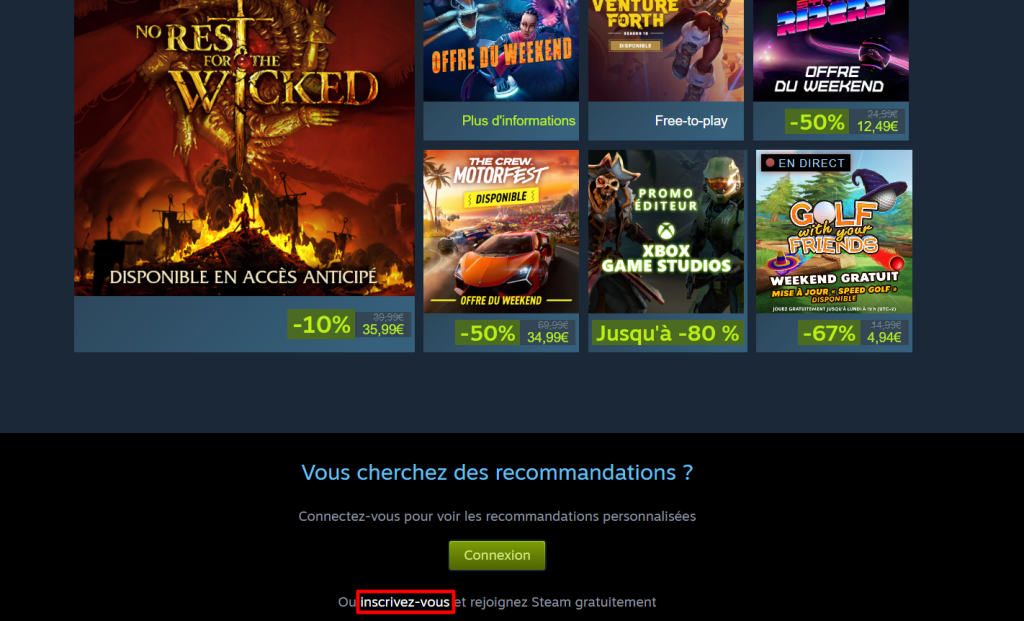 Sélectionner le bouton d'inscription pour enregistrer un compte Steam