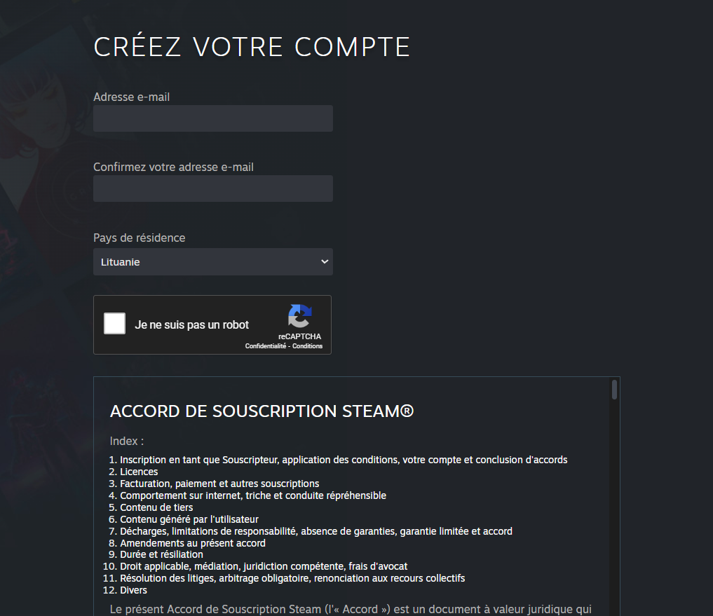 Saisir les détails d'inscription à un compte Steam