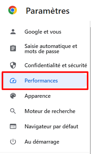 Paramètres de Performances sur Google Chrome
