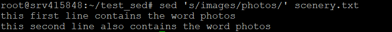 La sortie du terminal montre que sed a remplacé le mot images par photos