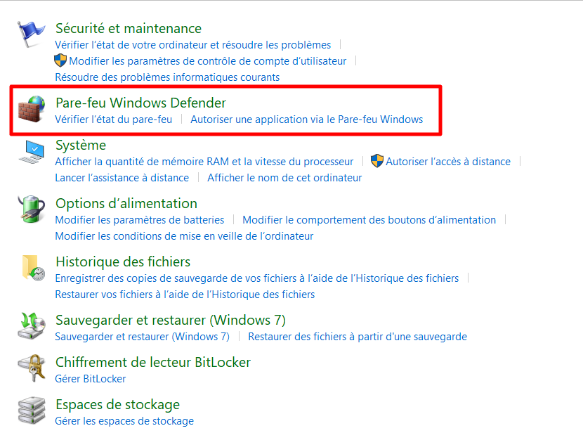 Paramètres du pare-feu Windows Defender dans le panneau de contrôle