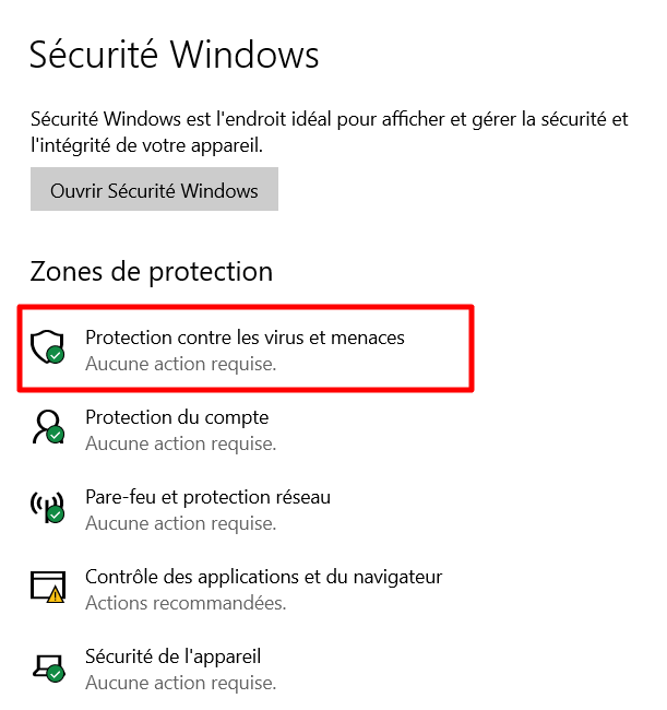 Fenêtre des paramètres de sécurité de Windows - choisir la protection contre les virus et les menaces