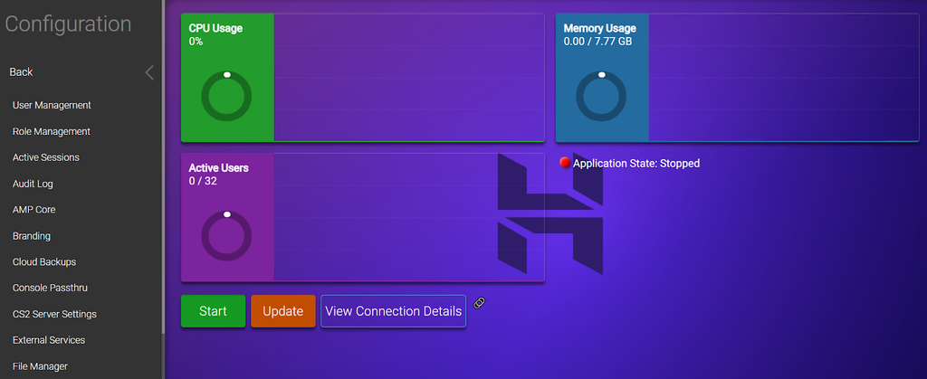 L'interface du Game Panel montrant les différentes options de gestion du serveur Counter-Strike 2