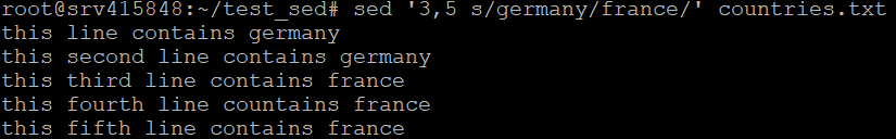 La sortie du terminal montre que sed a remplacé Germany sur la troisième à la cinquième ligne par France