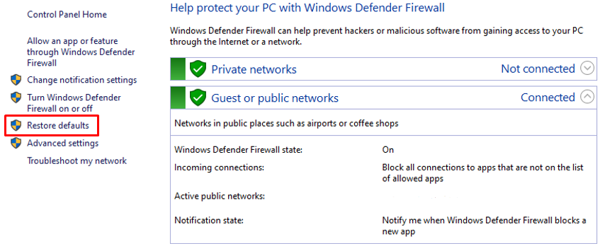 paramètres par défaut du pare-feu Windows