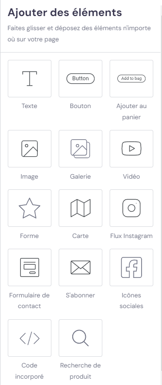 Options d'ajout d'éléments du créateur de site Web Hostinger