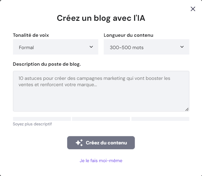 Générateur de blog IA du créateur de site Web Hostinger