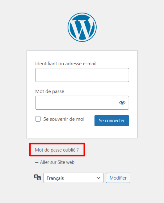 Le lien " Mot de passe oublié " sur la page de connexion de l'administrateur de WordPress