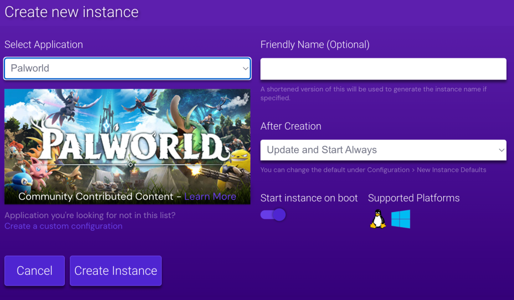 L'écran de création d'instance de Palworld sur le Game Panel d'Hostinger 