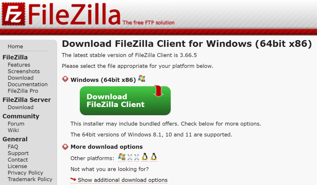 Page officielle de téléchargement de FileZilla